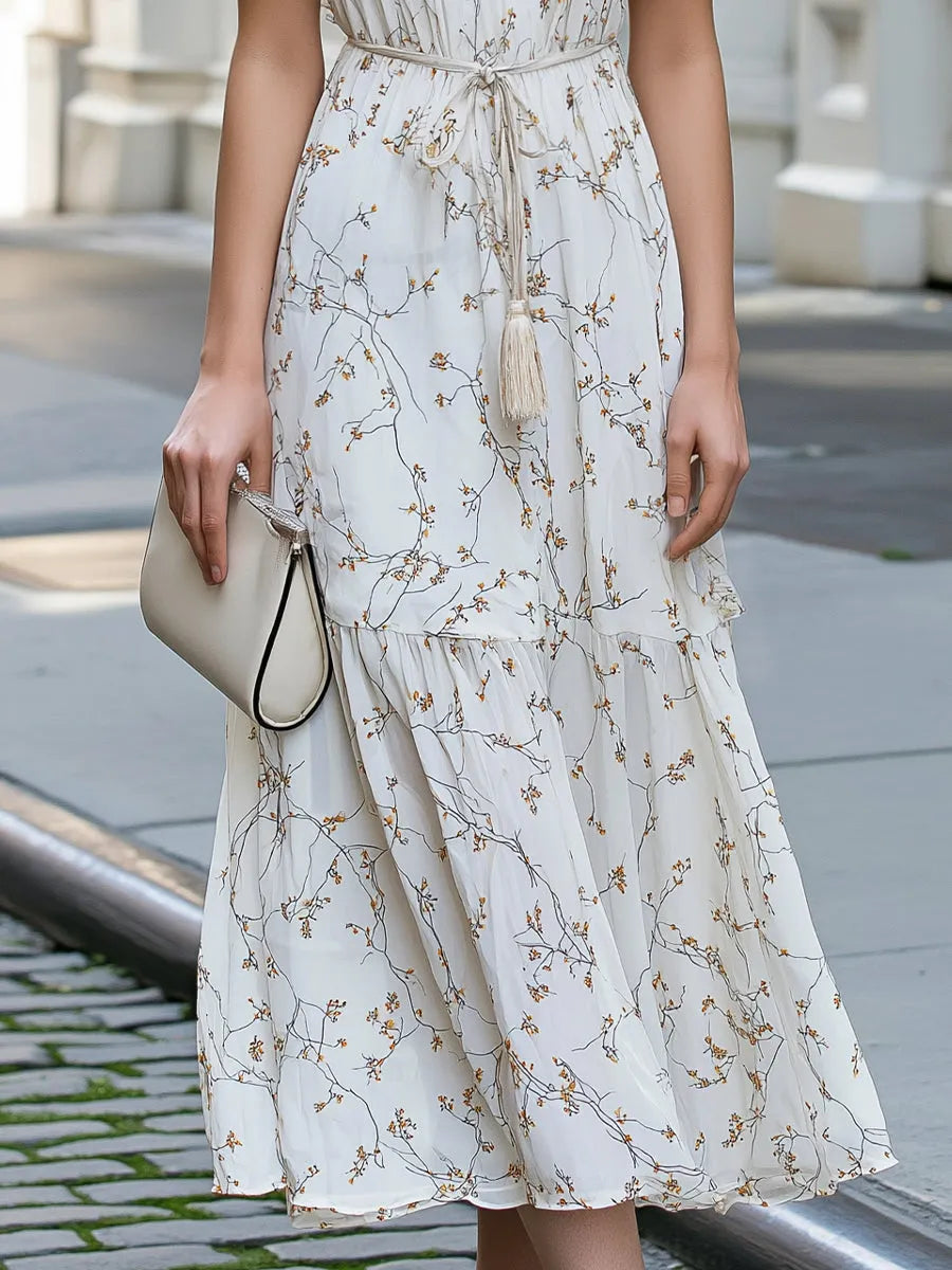 Waist Tie Floral Branch Print Tiered Midi Dress