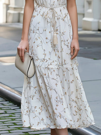 Waist Tie Floral Branch Print Tiered Midi Dress
