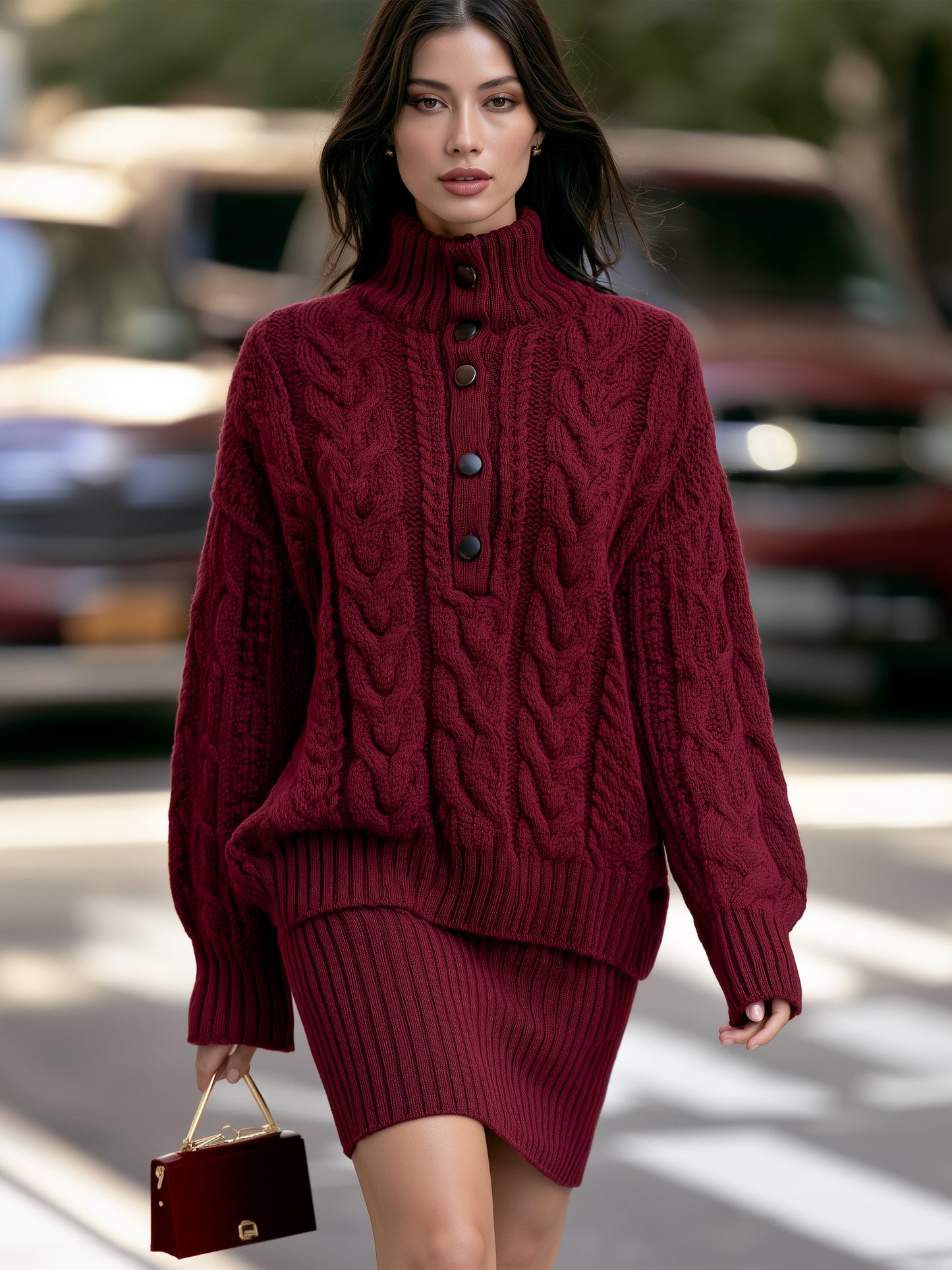 Cable Knit Mock Neck Sweater And Skirt Two-Piece Set