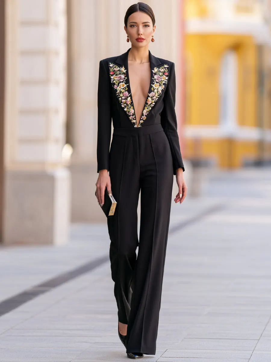 Elegant Multi-Color Flower Embellished Blazer Collar Floor Length Wide Leg Evening Jumpsuit