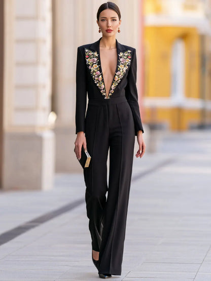 Elegant Multi-Color Flower Embellished Blazer Collar Floor Length Wide Leg Evening Jumpsuit