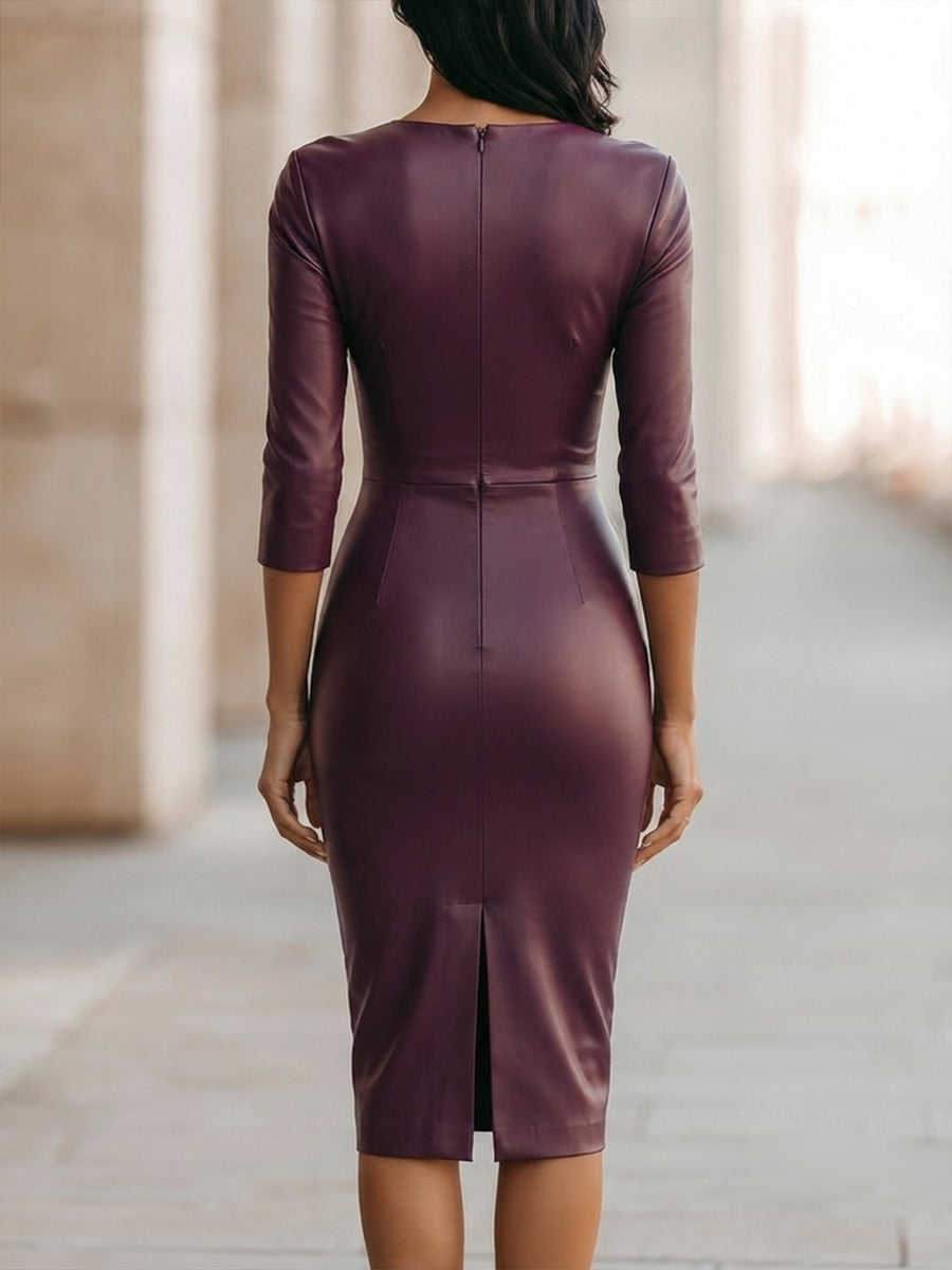 V-neck Pleated Waist Faux Leather Pencil Skirt