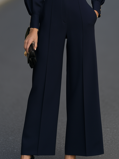 Belted Button-Front Wide-Leg Jumpsuit With Balloon Sleeves