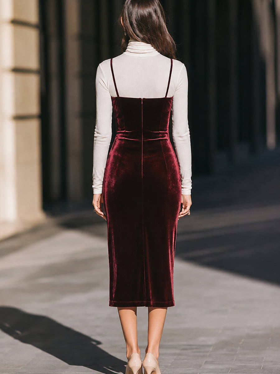 Velvet Slip Dress And Turtleneck Two-Piece Set