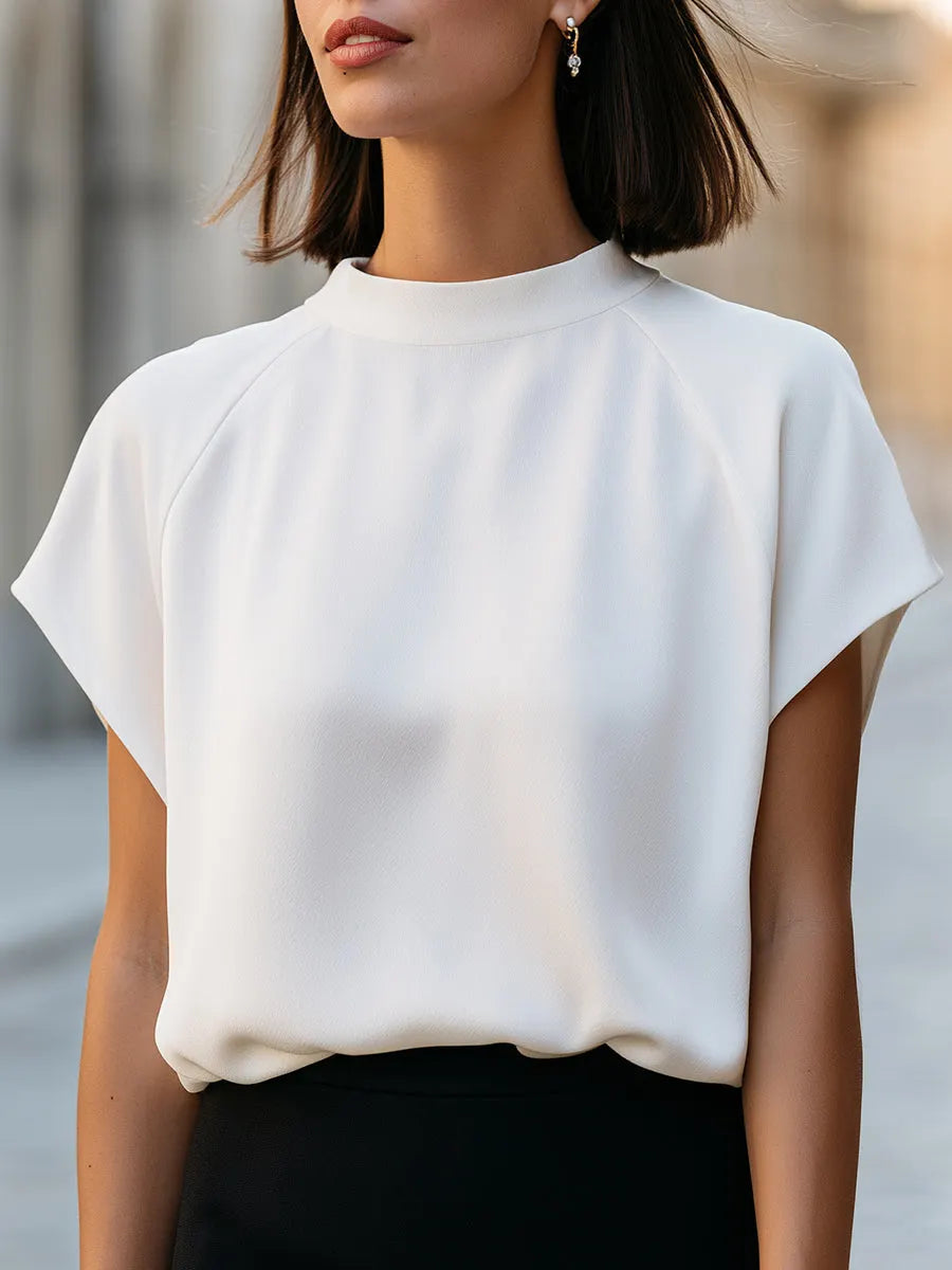 Minimalist High-Neck Cap Sleeve Blouse With Relaxed Blouson Hem