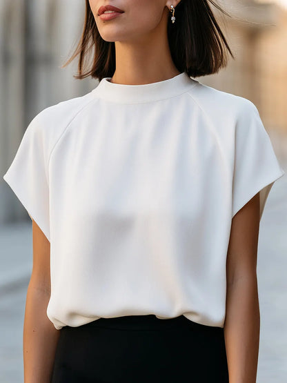 Minimalist High-Neck Cap Sleeve Blouse With Relaxed Blouson Hem