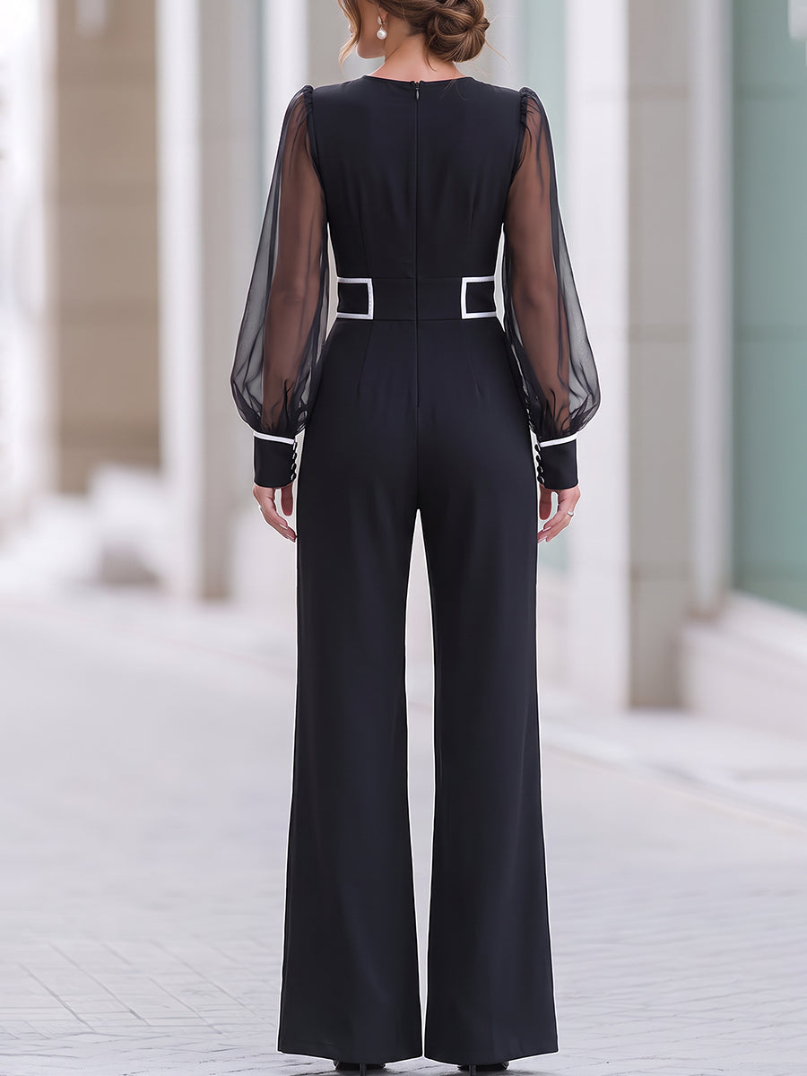 Black Contrast White Trim Sheer Mesh Sleeve Wide Leg Jumpsuit