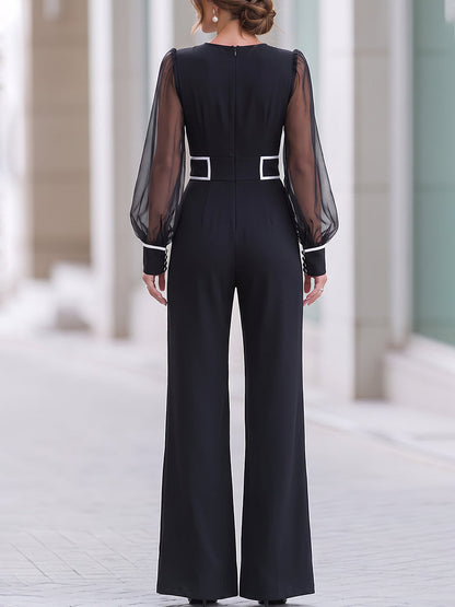 Black Contrast White Trim Sheer Mesh Sleeve Wide Leg Jumpsuit