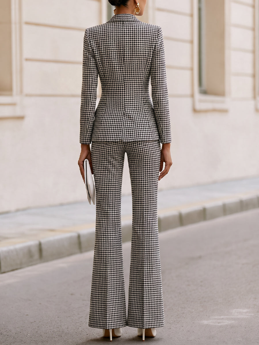 Houndstooth Single‐Button Blazer & Flared Trousers Two‐Piece Suit