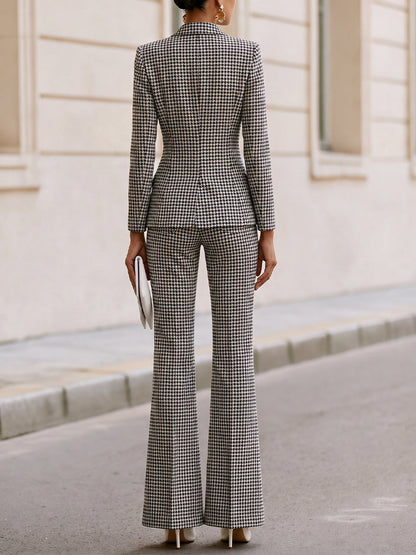 Houndstooth Single‐Button Blazer & Flared Trousers Two‐Piece Suit