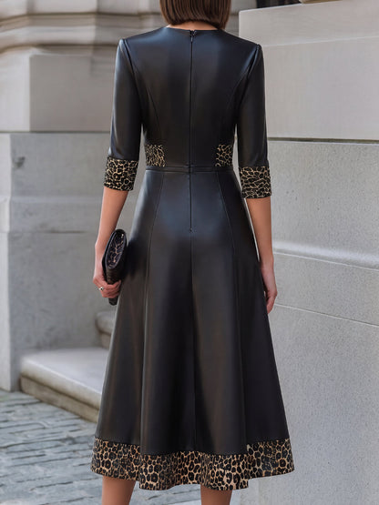 Faux Leather Contrast Leopard Trim Midi Dress