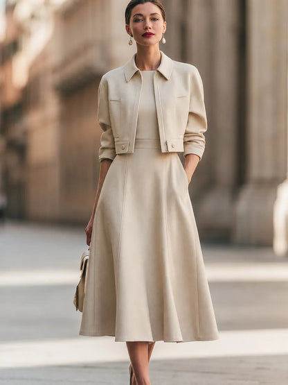 Cropped Jacket And A-Line Midi Dress Set