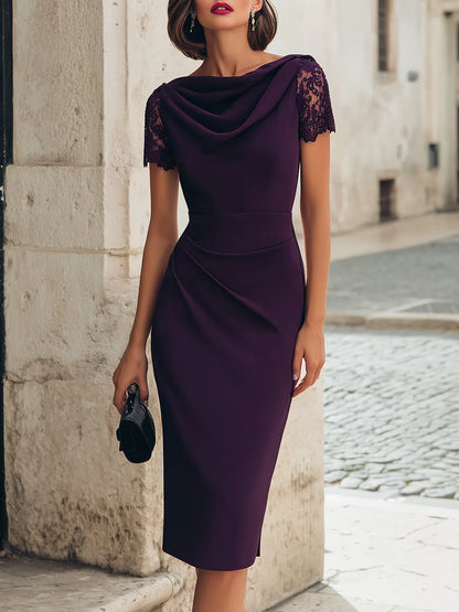 Ruched Waist Cowl Neck Lace Sleeve Pencil Midi Dress