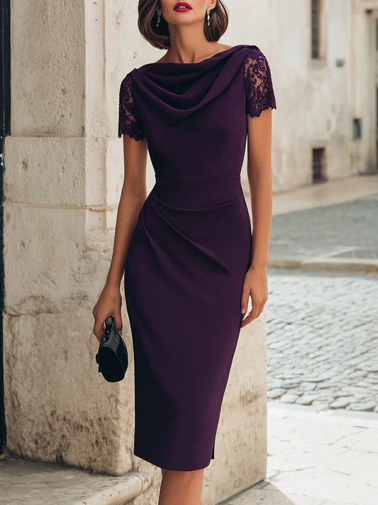 Ruched Waist Cowl Neck Lace Sleeve Pencil Midi Dress