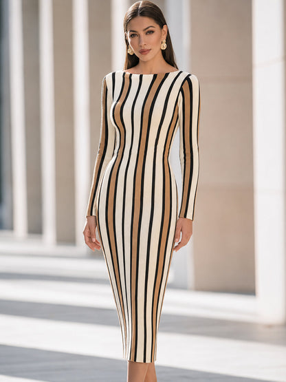 Vertical Stripe Ribbed Knit Midi Dress