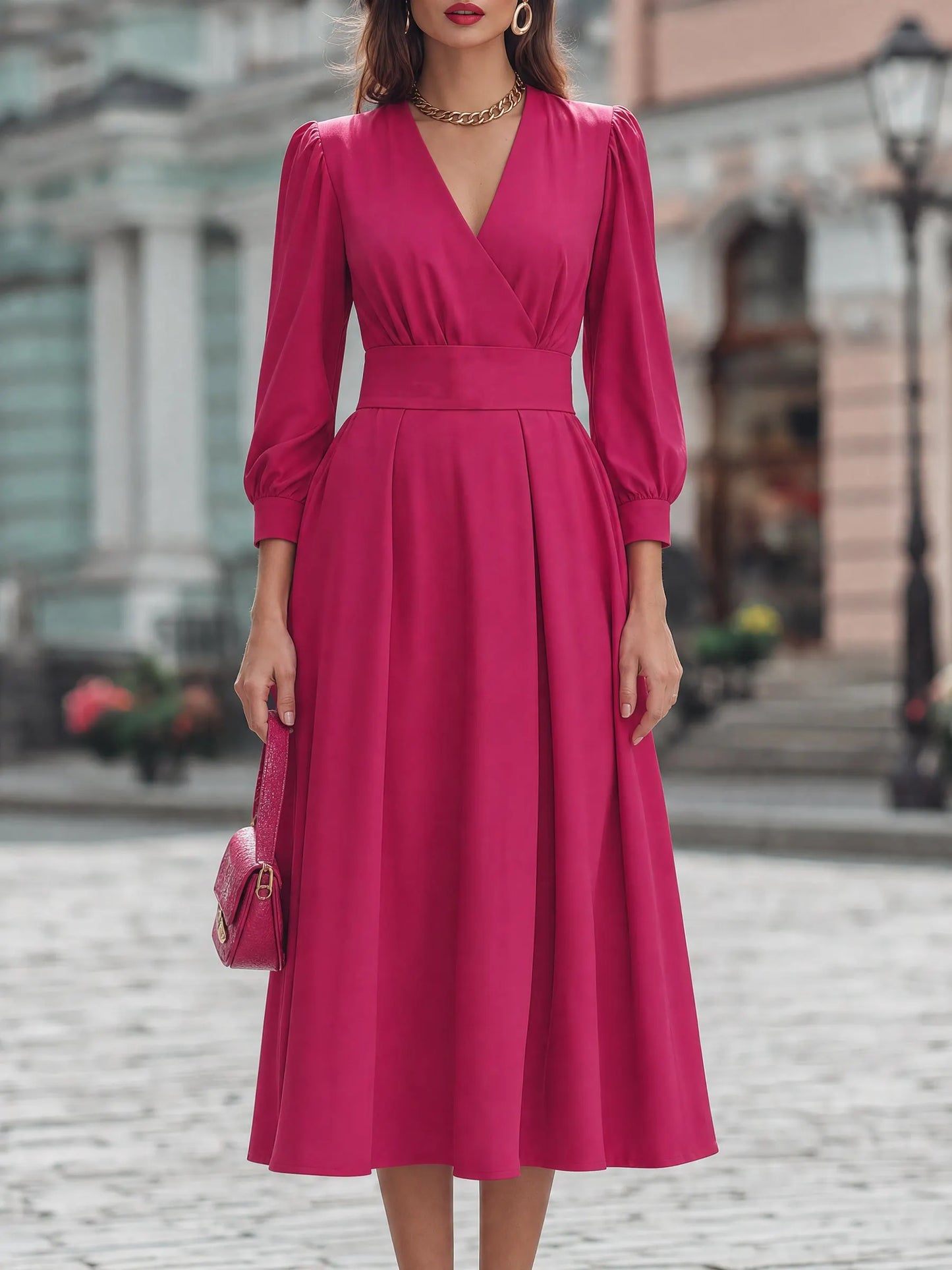 V-Neck Long-Sleeve Pleated Flare Midi Dress