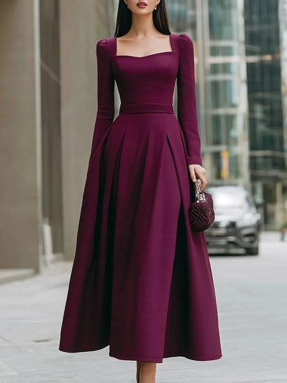 Square-Neck Long-Sleeve A-Line Maxi Dress