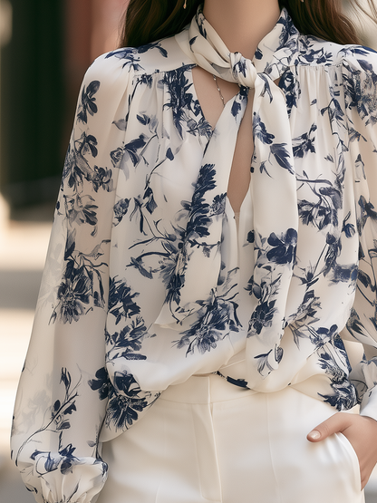 Floral Tie-Neck Balloon-Sleeve Blouse