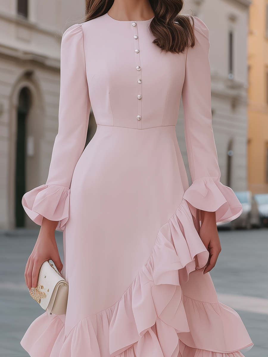 Button-Front Ruffle-Hem Midi Dress With Flounce Sleeves