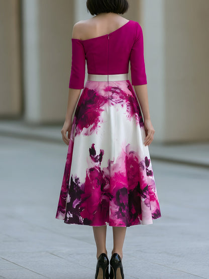 One Shoulder Floral Print A-Line Midi Dress