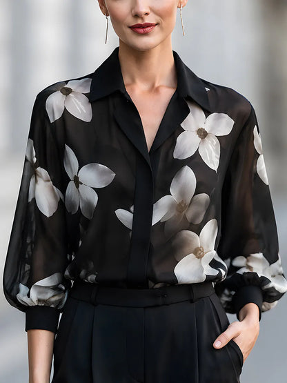 Elegant Black Sheer Floral Print Chiffon Blouse