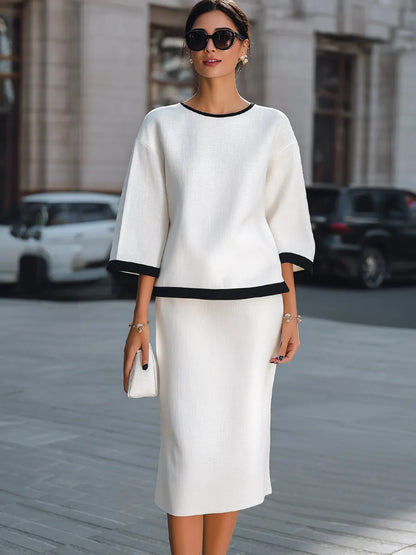 Elegant Contrast Trim Linen Two-Piece Set