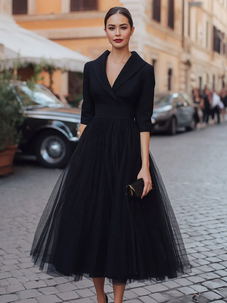 Lapel Wrap-Bodice Tulle Maxi Dress With Full Skirt