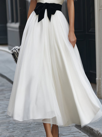 Detachable Faux Fur Trim Off-Shoulder Tulle Midi Dress