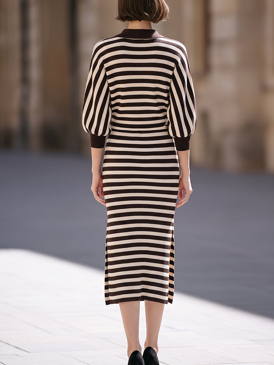 Striped Collared Ribbed Knit Midi Dress