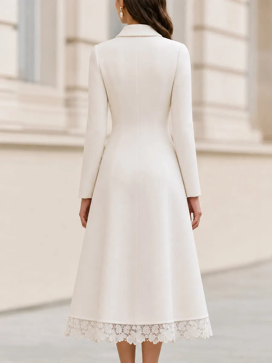 Wool Blend Point Collar Pearl Button Lace Hem Fit & Flare Midi Coat Dress