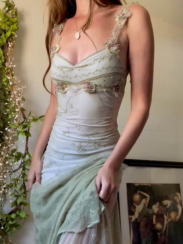 3D Flower Gauze Ruffled Sleeveless Spaghetti-Neck Maxi Dresses Fairytale Dress