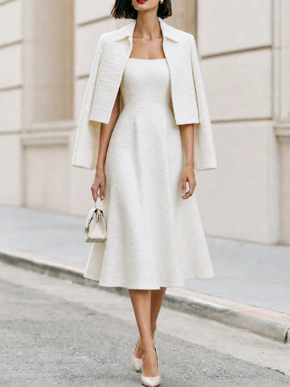 Tweed Cropped Jacket & Square‐Neck Midi Dress Two‐Piece Set