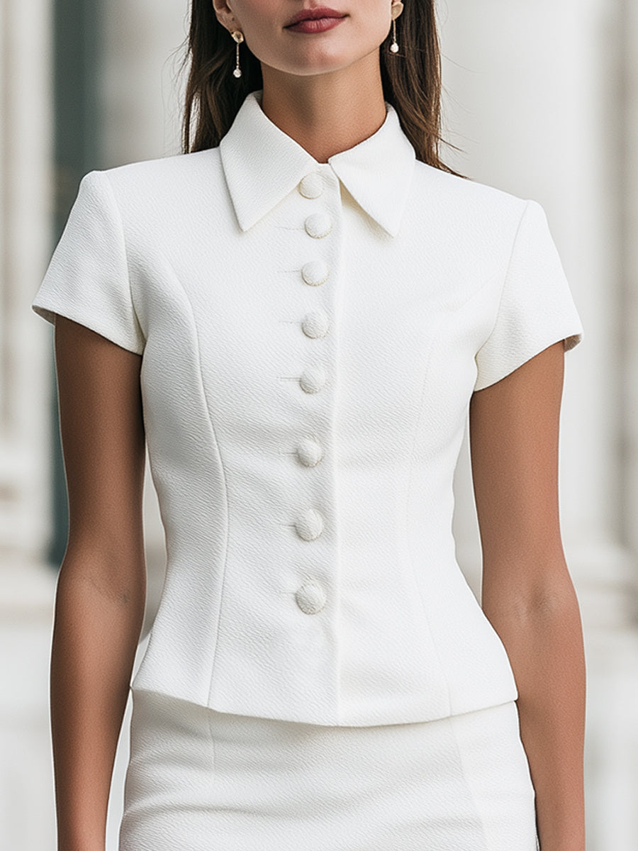 Structured White Button-Front Mini Skirt Set With Lace Hem Detail