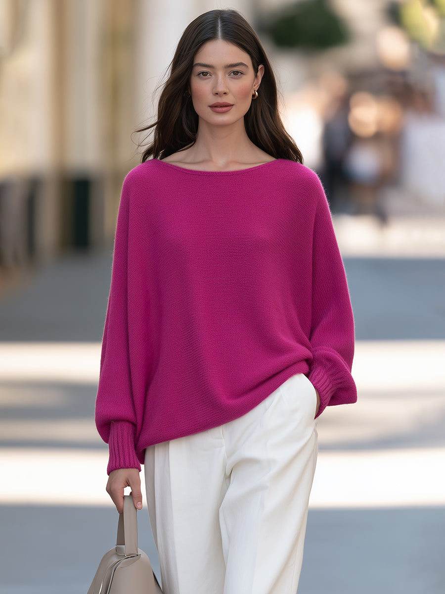 Relaxed Boat Neck Batwing Knit Sweater
