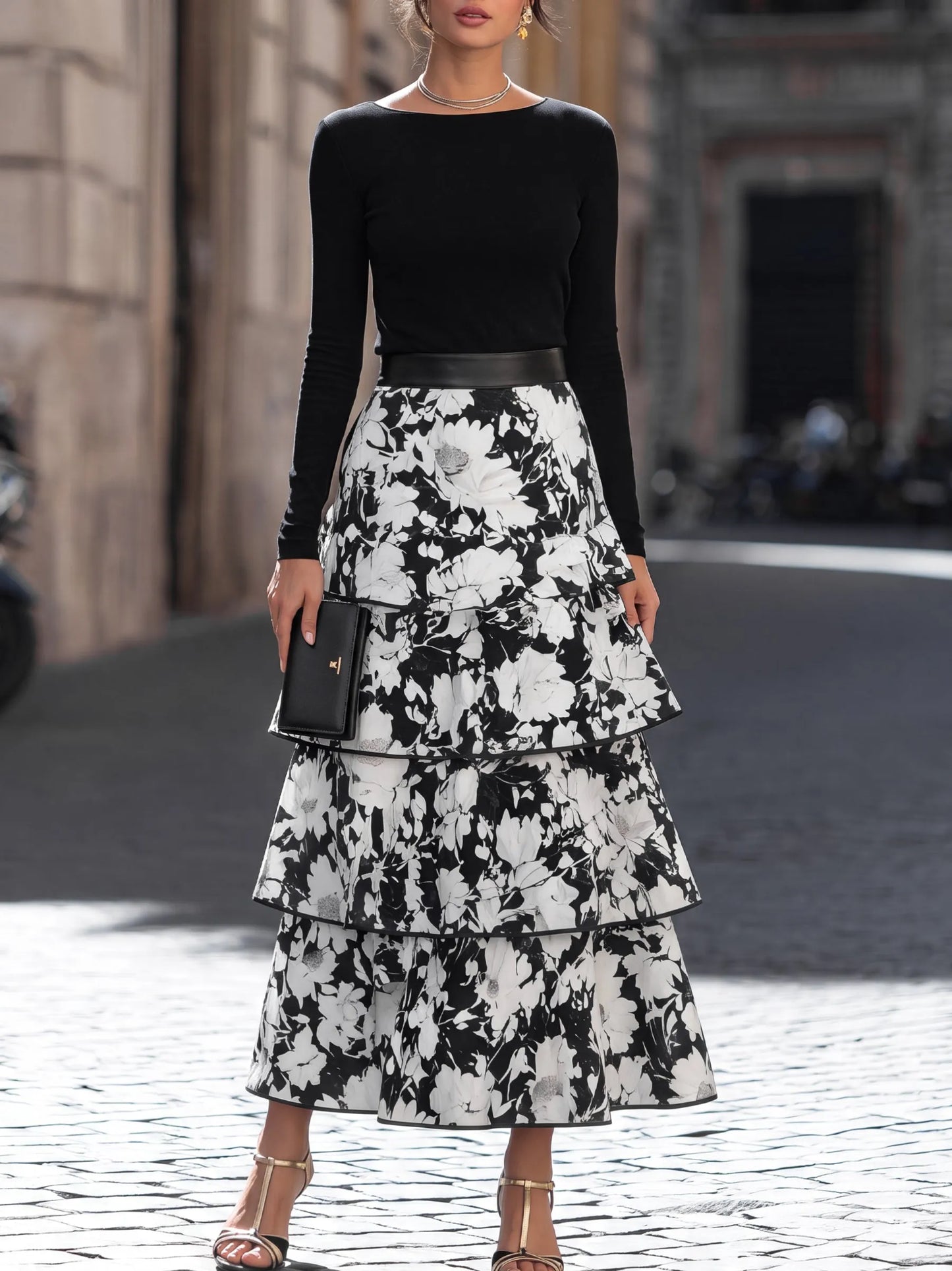 Fitted Top And Tiered Floral Print Midi Skirt Set