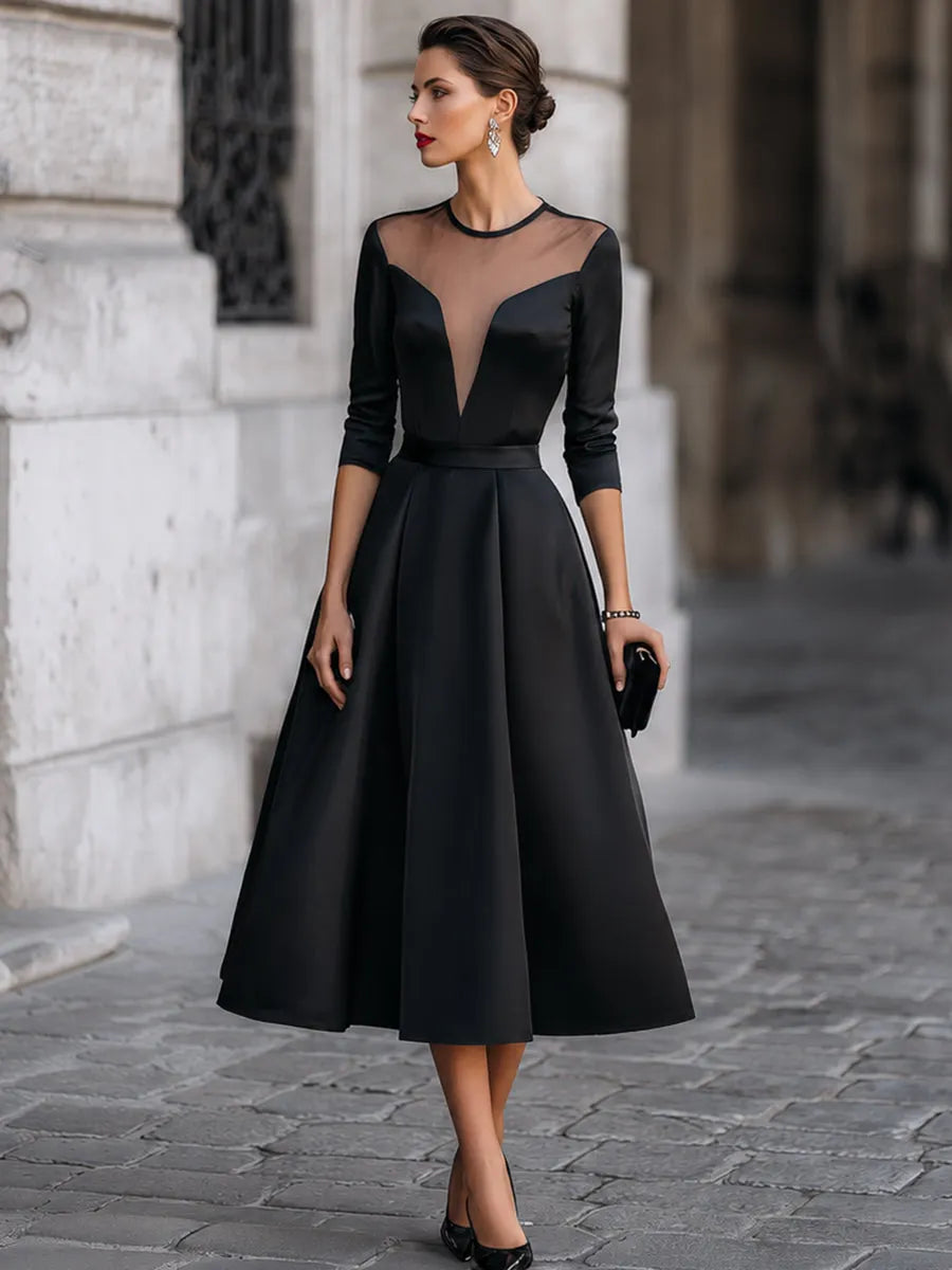 Elegant Formal Sheer Mesh Sweetheart V Bodice Swing Midi Cocktail Gown