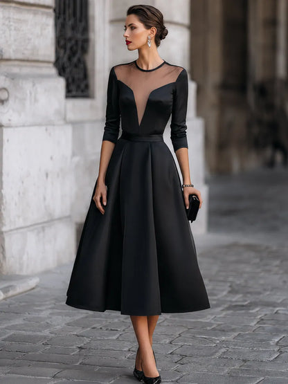 Elegant Formal Sheer Mesh Sweetheart V Bodice Swing Midi Cocktail Gown