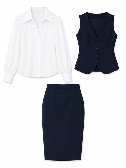 Office Formal V Neck Button Waistcoat & Midi Pencil Skirt 3 Piece  Business Suit Set