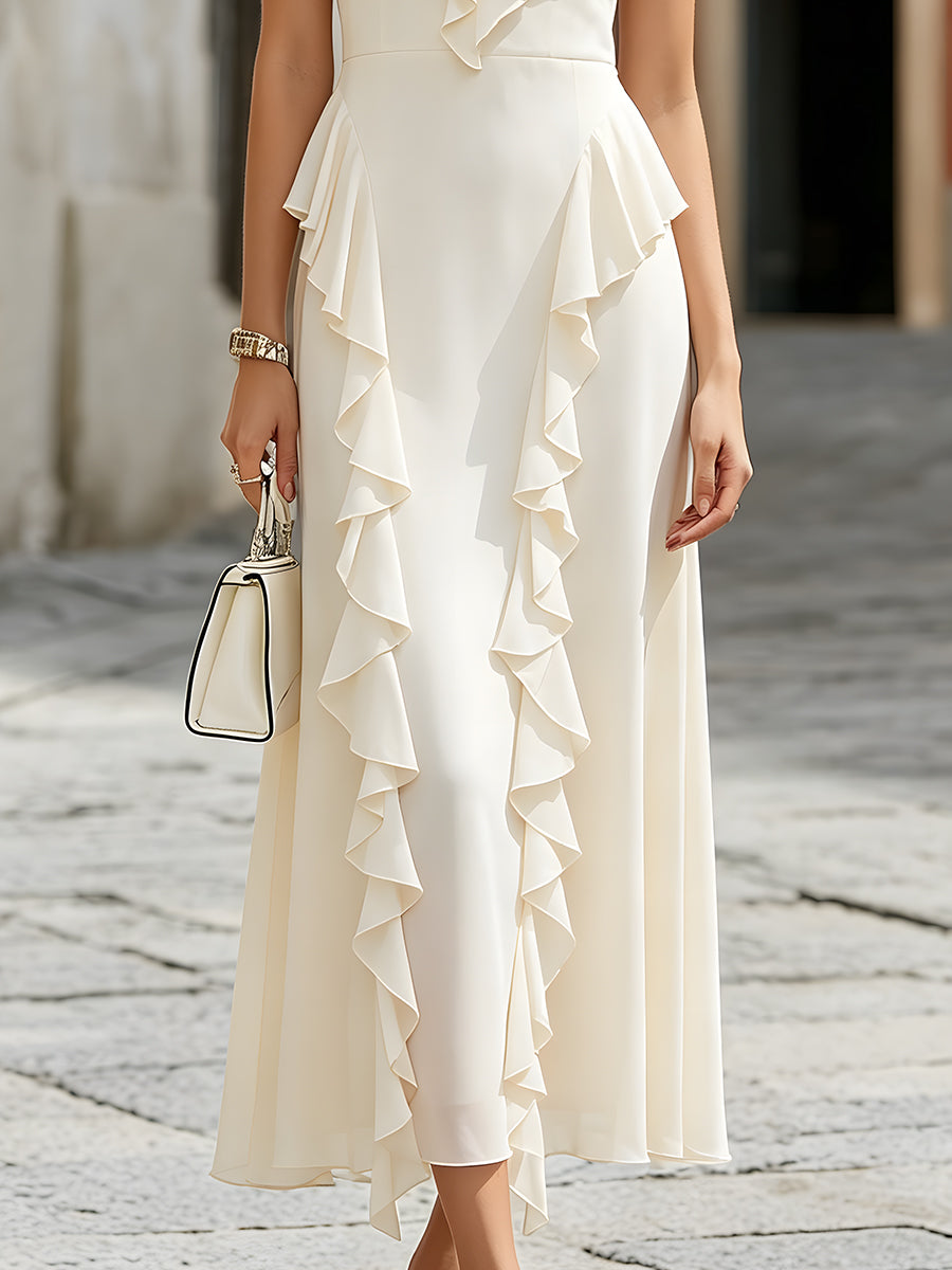Romantic Ruffle Cascade V-Neck Midi Dress