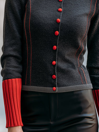 Contrast Trim Button-Front Knit Cardigan