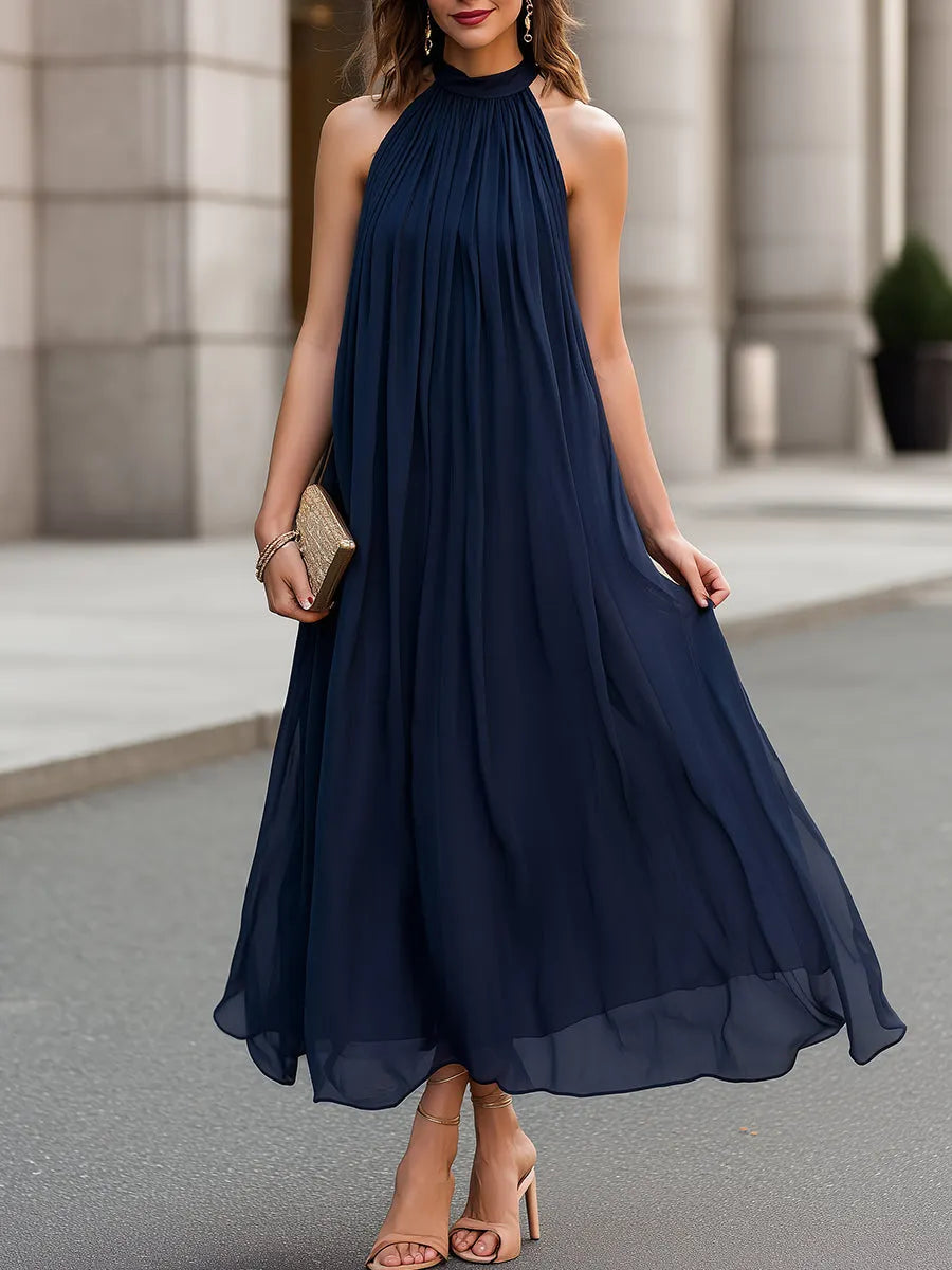 Halter Neck Pleated Chiffon Maxi Dress