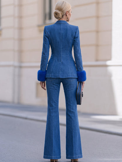 Faux Fur Cuff Blazer & High Waist Flare Jeans Two-Piece Suit