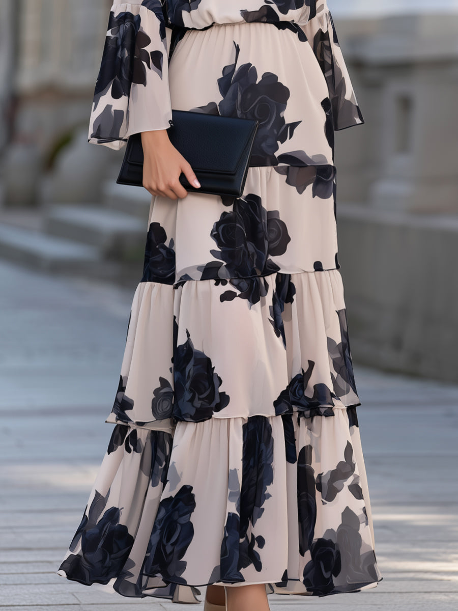 Off-Shoulder Floral Print Bell Sleeve Tiered Maxi Dress