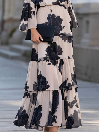 Off-Shoulder Floral Print Bell Sleeve Tiered Maxi Dress
