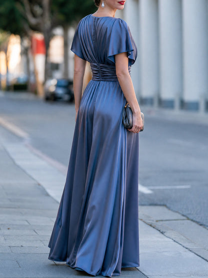 Satin V-Neck Flutter Sleeve Wrap Waist Maxi Dress
