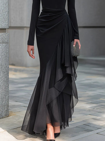 Draped Cowl Neck Layered Organza Panel Maxi Dress