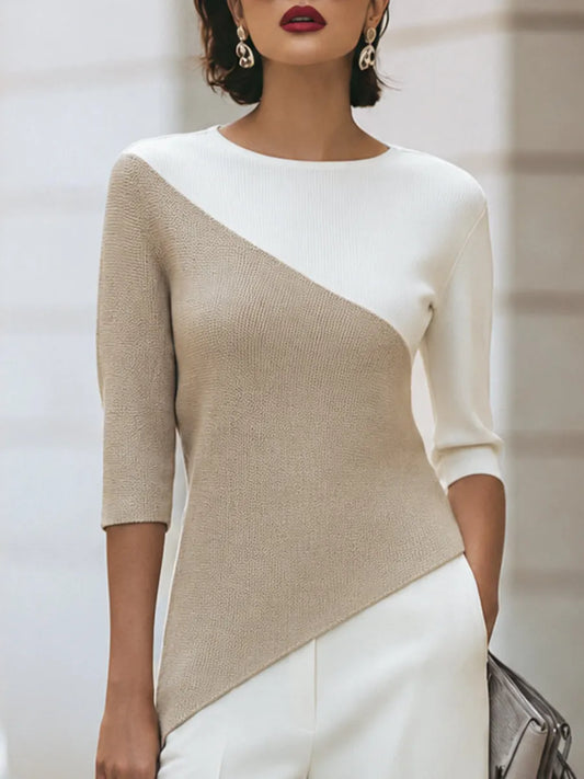 Haut en maille à manches trois-quarts et blocs de couleur asymétriques