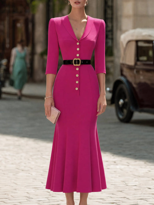 Robe longue sirène boutonnée à col tailleur