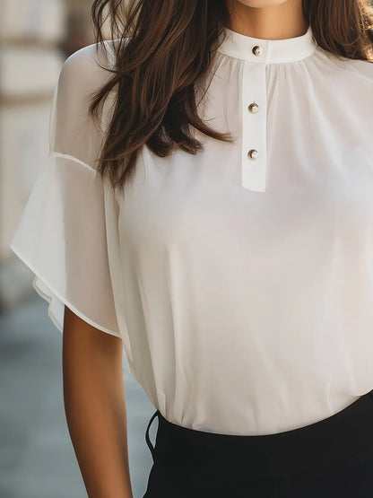 High-Neck Button Detail Flutter Sleeve Blouse