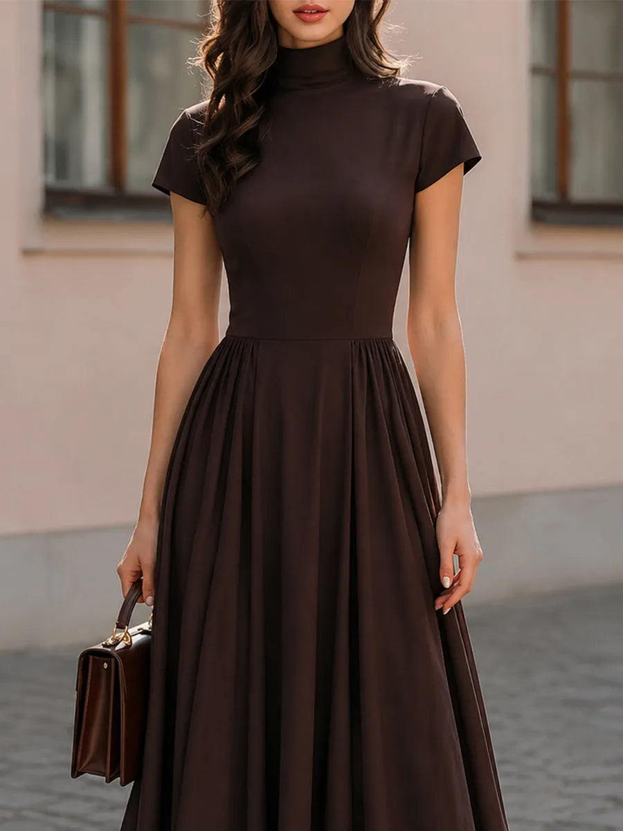 Mock Neck Short Sleeve Fit-and-Flare Midi Dress